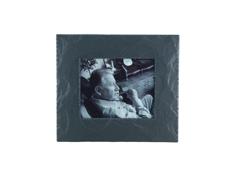 slate picture frame with black and white photo
