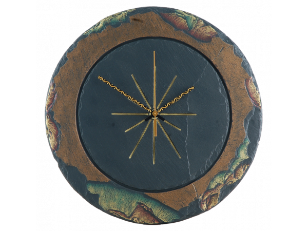 Slate round clock gold edge with green/gold border 11½"